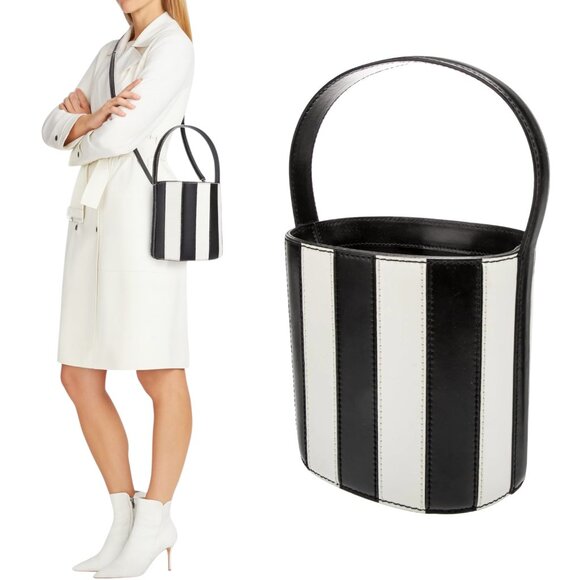 Staud - Women’s ‘Bissett’ Leather Bucket Bag, Stripes - One Size, Black/White - Picture 1 of 16